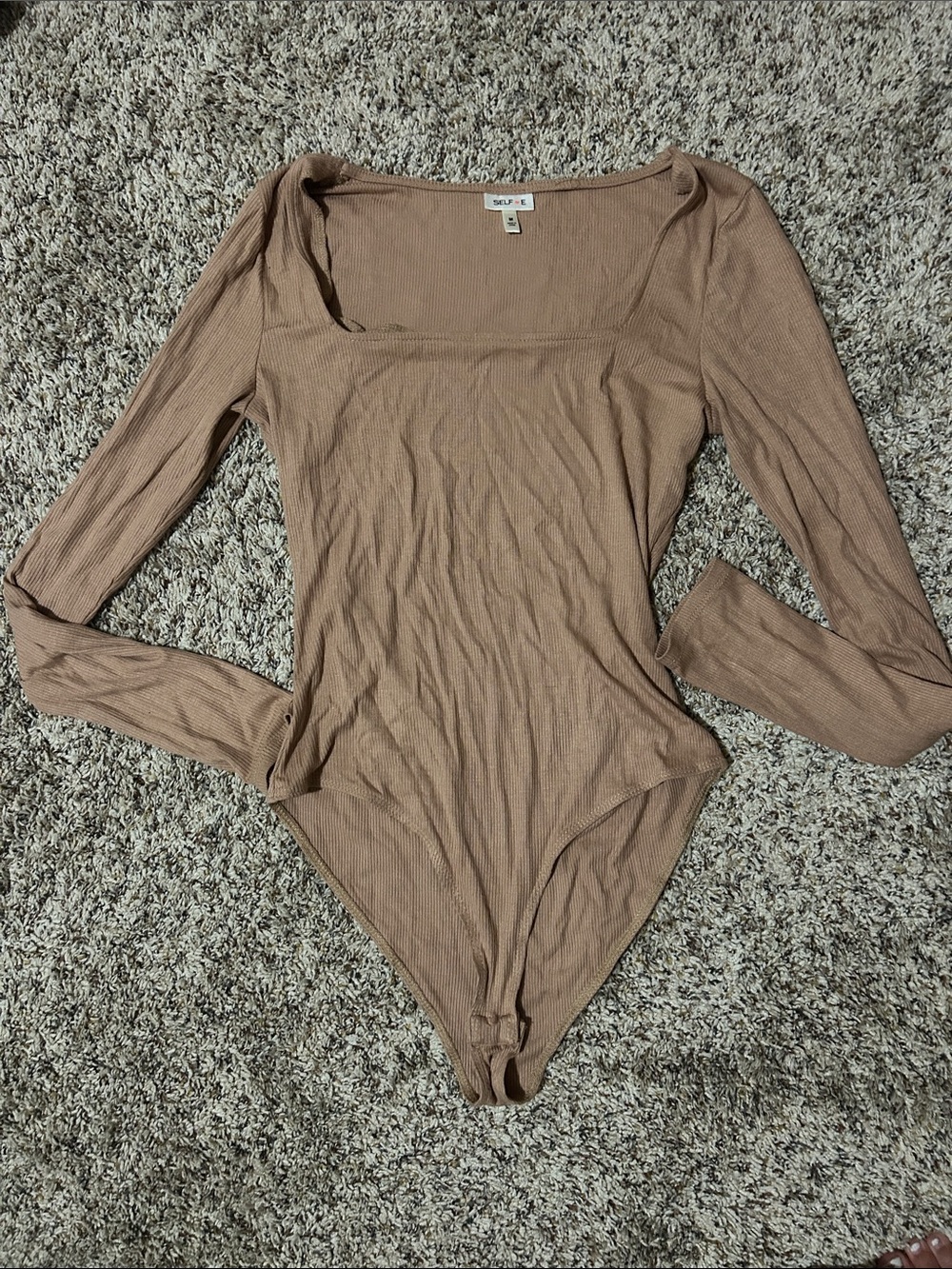 Ribbed Square Neck Long Sleeve Bodysuit - Tan